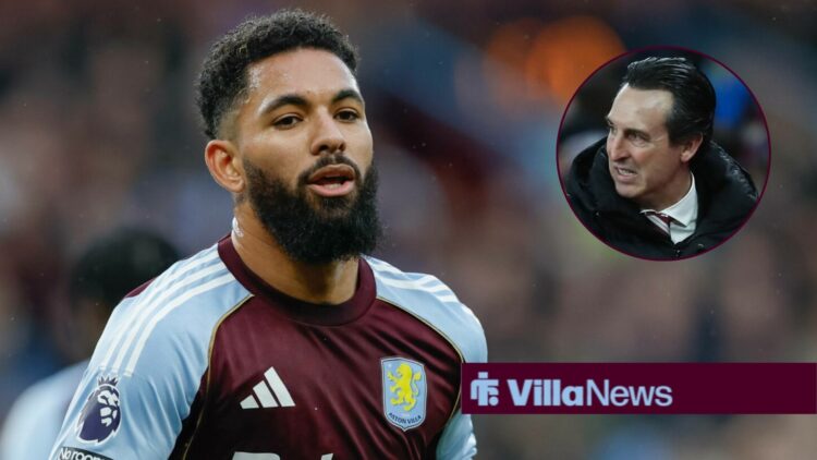 Douglas Luiz playing for Aston Villa looking towards a circle inset of Unai Emery looking annoyed