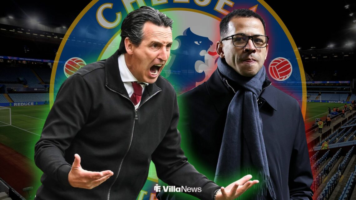 Unai Emery and Liam Rosenior with Chelsea badge