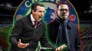 Unai Emery and Liam Rosenior with Chelsea badge