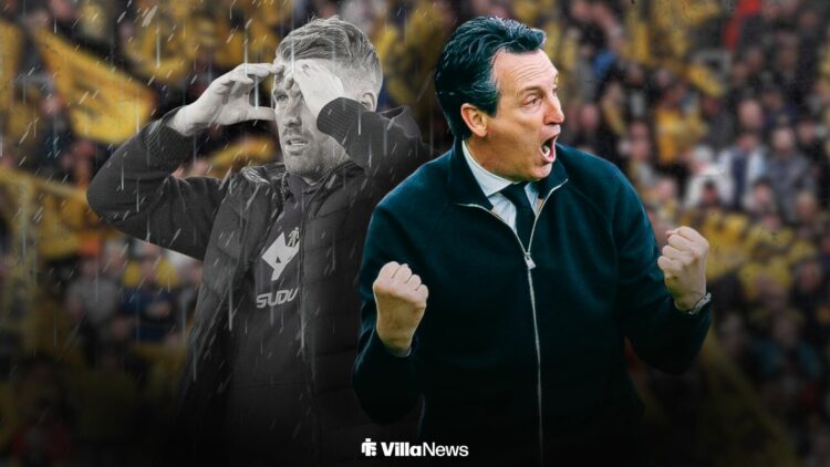 Wolves manager Rob Edwards looking devastated alongside Unai Emery celebrating at Villa Park