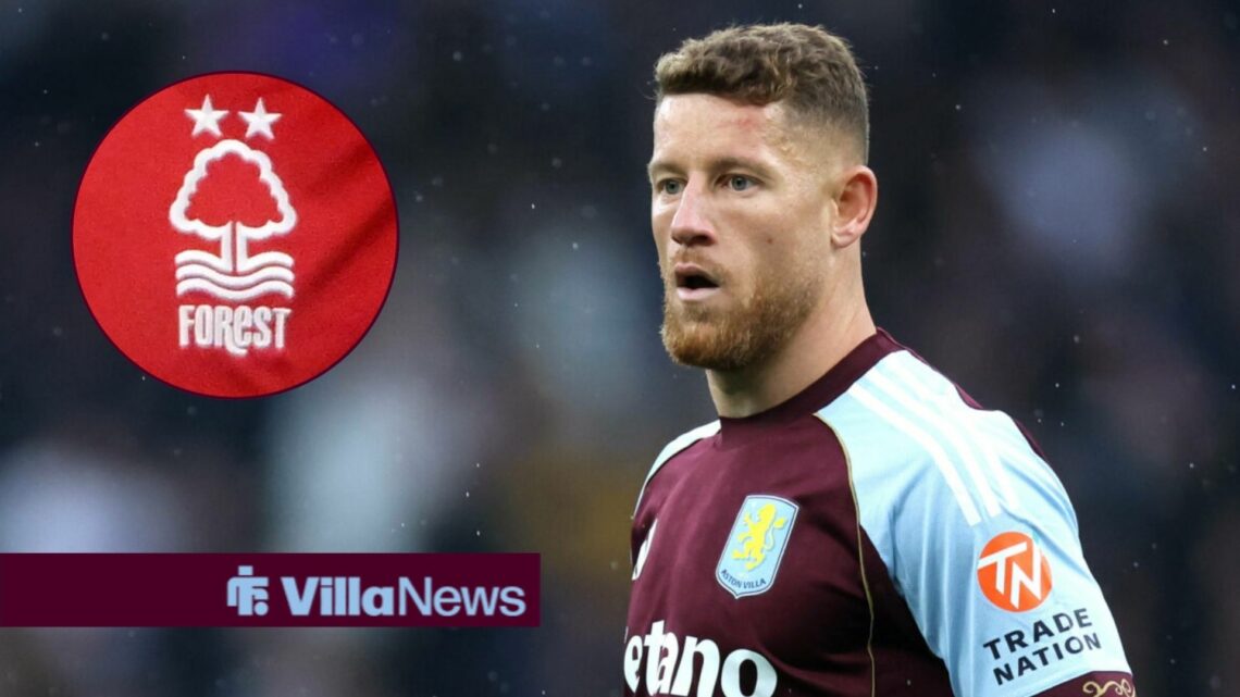 Ross Barkley playing for Aston Villa looking towards a circle inset of the Nottingham Forest badge