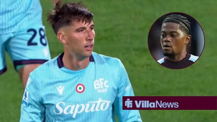 Juan Miranda playing for Bologna looking towards a circle inset of Leon Bailey playing for Aston Villa