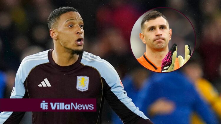 Ezri Konsa complains with Emi Martinez (inset)