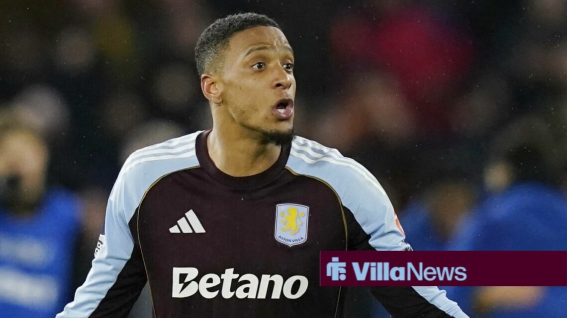 Ezri Konsa of Aston Villa starts an inquest with his fellow players during the Wolverhampton Wanderers vs Aston Villa Premier League match at Molin...