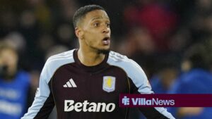 Ezri Konsa of Aston Villa starts an inquest with his fellow players during the Wolverhampton Wanderers vs Aston Villa Premier League match at Molineux, Wolverhampton
