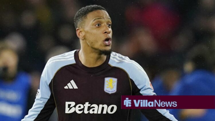 Ezri Konsa of Aston Villa starts an inquest with his fellow players during the Wolverhampton Wanderers vs Aston Villa Premier League match at Molin...