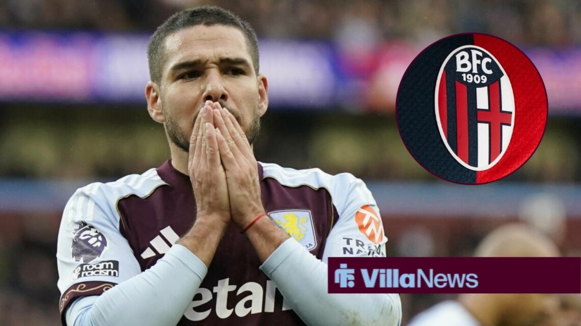 Emi Buendia looking disappointed while playing for Aston Villa looking towards the Bologna badge