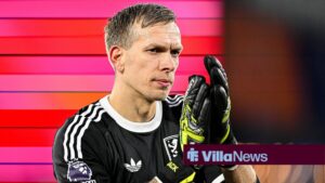 Marco Bizot, the goalkeeper of Aston Villa, applauds fans after the final whistle during the Premier League match between West Ham United and Aston Villa at the London Stadium