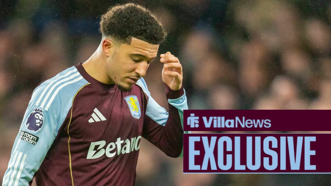 Jadon Sancho of Aston Villa reacts during the Premier League match between Chelsea and Aston Villa at Stamford Bridge