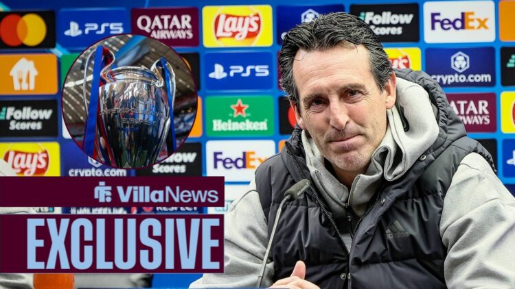 Unai Emery speaks to reporters, with the Champions League trophy (inset)