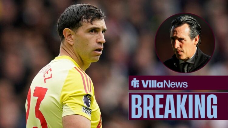 Emi Martinez playing for Aston Villa looking towards a circle inset of Aston Villa manager Unai Emery stands in the shadows looking concerned