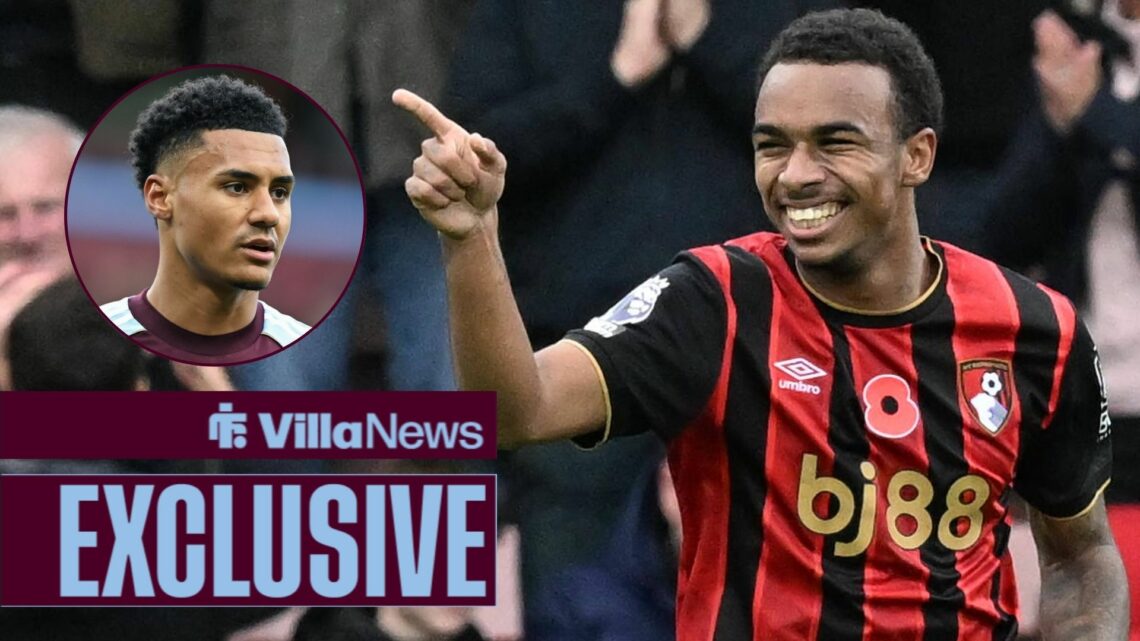 Eli Junior Kroupi celebrating for Bournemouth looking towards Ollie Watkins playing for Aston Villa