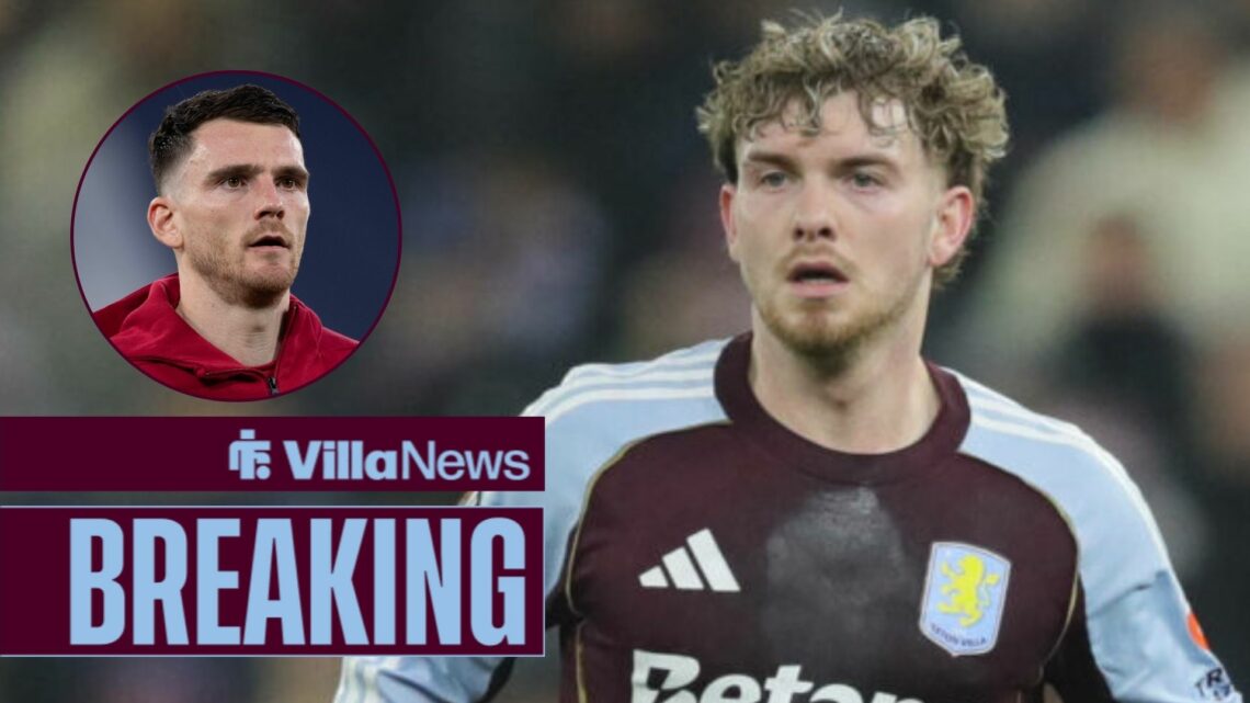 Harvey Elliott playing for Aston Villa looking towards a circle inset of Andy Robertson playing for Liverpool