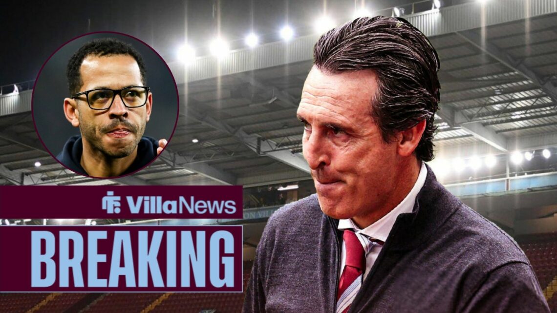 Aston Villa manager Unai Emery looking in the direction of Liam Rosenior.