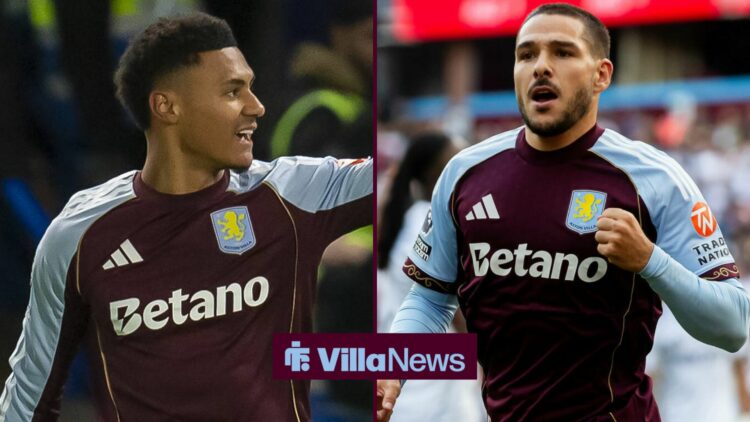 Ollie Watkins celebrating for Aston Villa looking towards Emi Buendia celebrating for Aston Villa