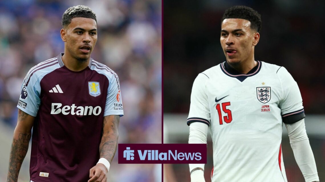 Morgan Rogers pictured in action for Aston Villa (left) and England (right)