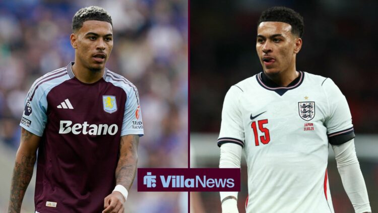 Morgan Rogers pictured in action for Aston Villa (left) and England (right)