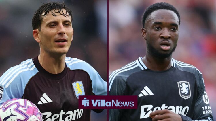 Pau Torres looking annoyed playing for Aston Villa and Lamare Bogarde looking annoyed playing for Aston Villa