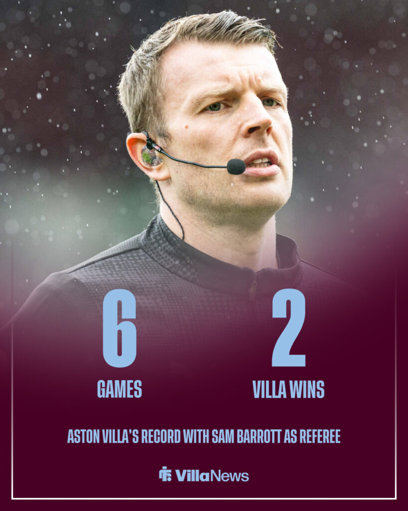 Aston Villa's record with referee Sam Barrott in charge