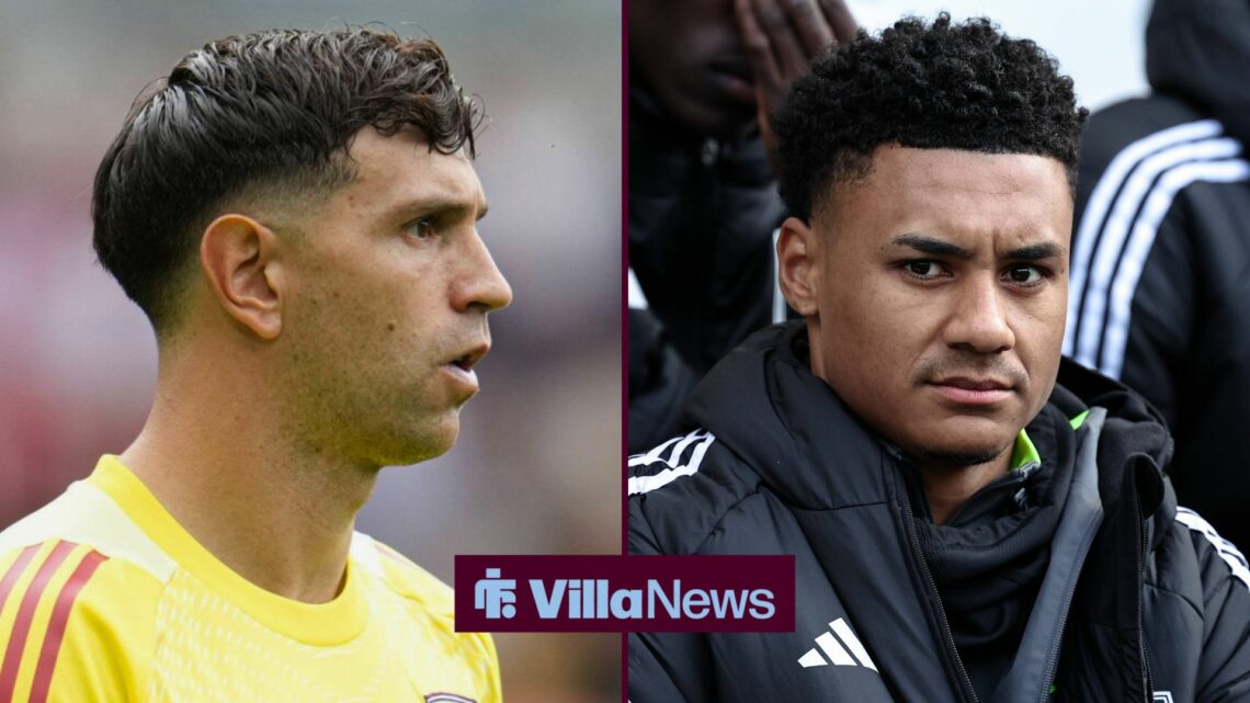 Split image of Aston Villa goalkeeper Emi Martinez and Ollie Watkins
