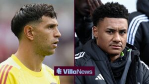 Split image of Aston Villa goalkeeper Emi Martinez and Ollie Watkins