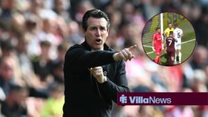 Unai Emery pointing at a circular inset of Emi Martinez, John McGinn and Joachim Anderson.