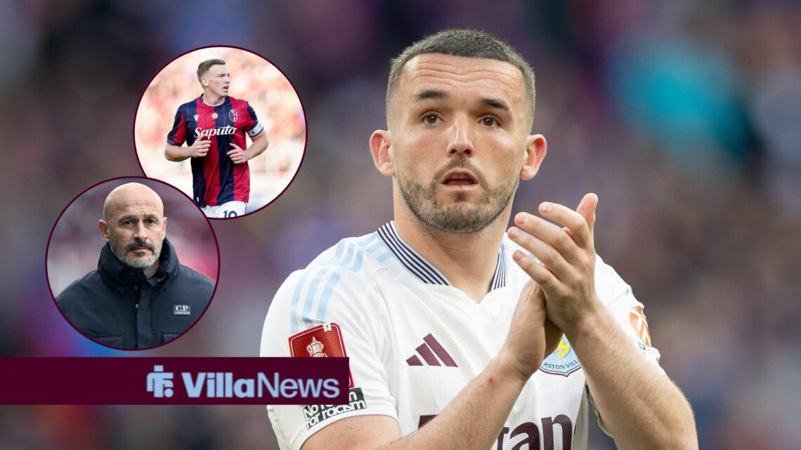 John McGinn applauds, looking at a circular inset of Vincenzo Italiano and Lewis Ferguson.