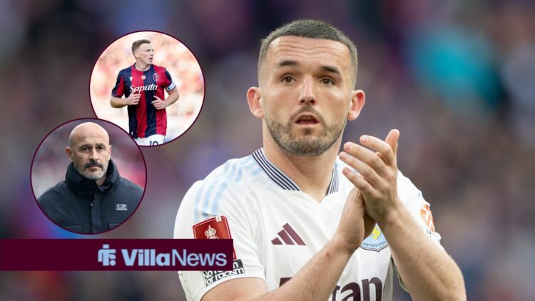 John McGinn applauds, looking at a circular inset of Vincenzo Italiano and Lewis Ferguson.