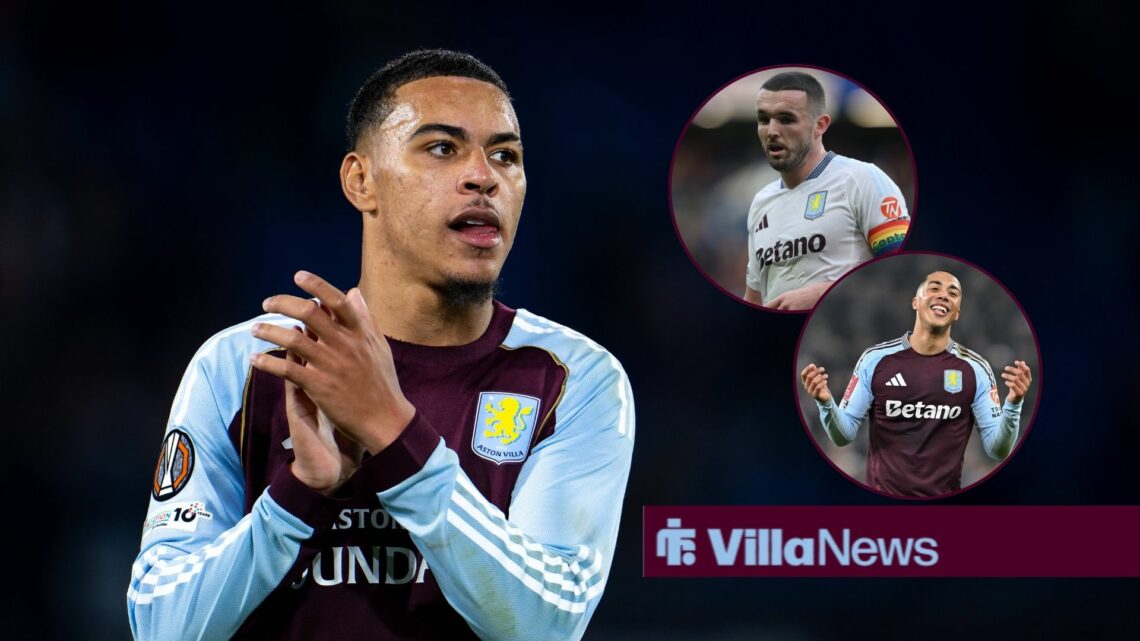 Morgan Rogers clapping, while looking at circular insets of John McGinn and Youri Tielemans.