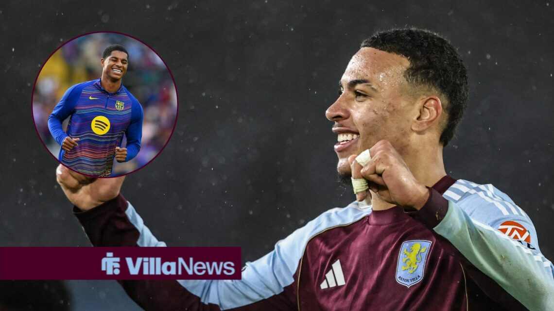 Morgan Rogers celebrates, while looking at a circular inset of a smiling Marcus Rashford.