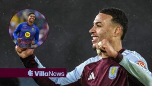 Morgan Rogers celebrates, while looking at a circular inset of a smiling Marcus Rashford.