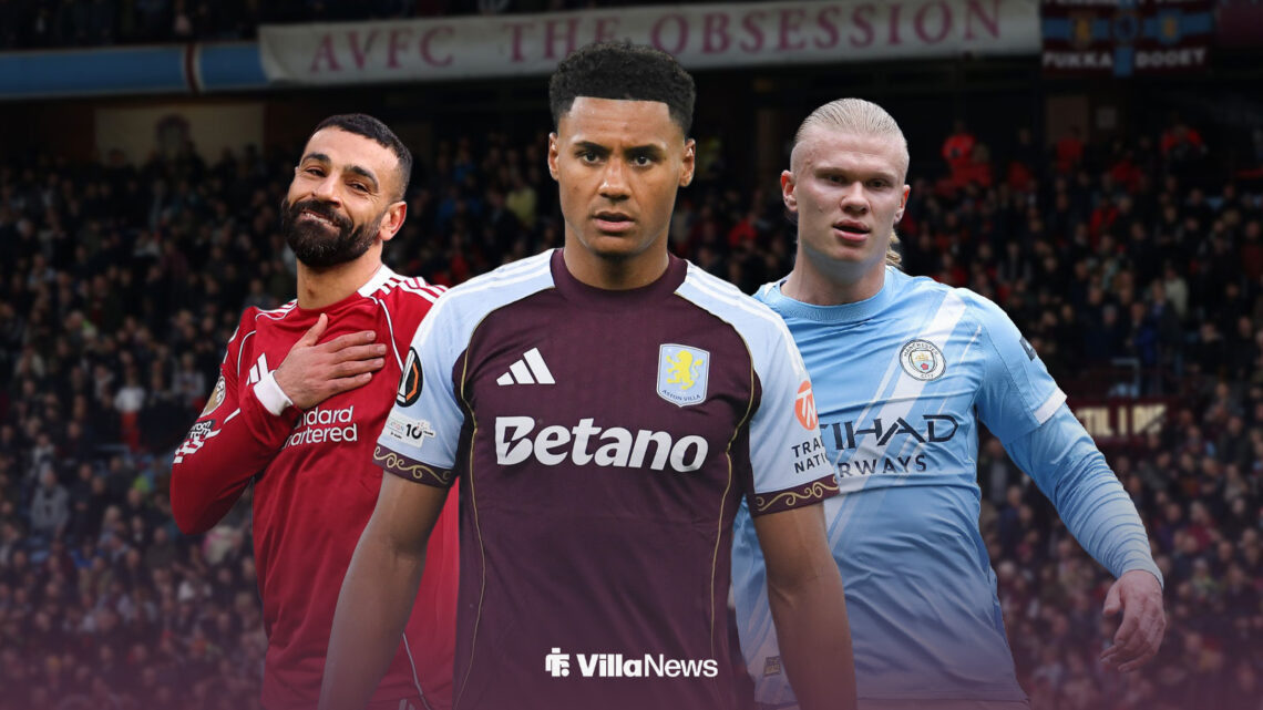 Ollie Watkins in the middle with Machester City striker Erling Haaland on his right and Liverpool winger Mohamed Salah on his left, in front of Ast...