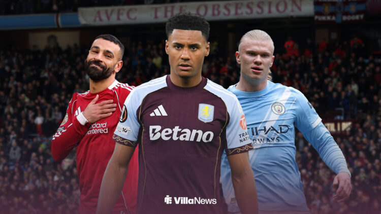 Ollie Watkins in the middle with Machester City striker Erling Haaland on his right and Liverpool winger Mohamed Salah on his left, in front of Ast...