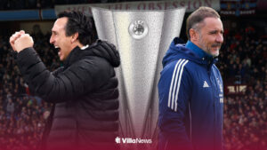Unai Emery celebrates, with Vitor Pereira and the Europa League trophy to his right