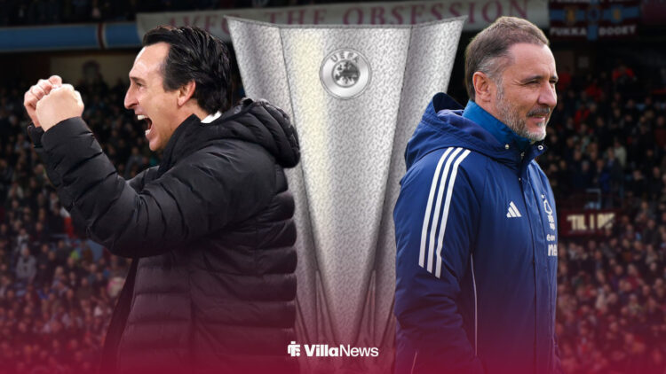 Unai Emery celebrates, with Vitor Pereira and the Europa League trophy to his right