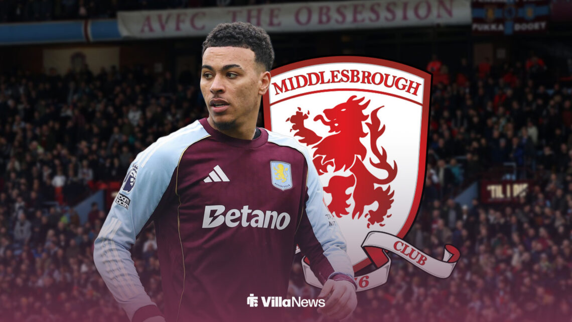 Aston Villa's Morgan Rogers in front of Villa Park with Middlesbrough badge in the background
