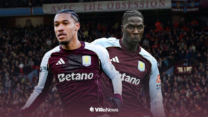 Aston Villa's Boubcar Kamara and Amadou Onana stood in front of Villa Park background