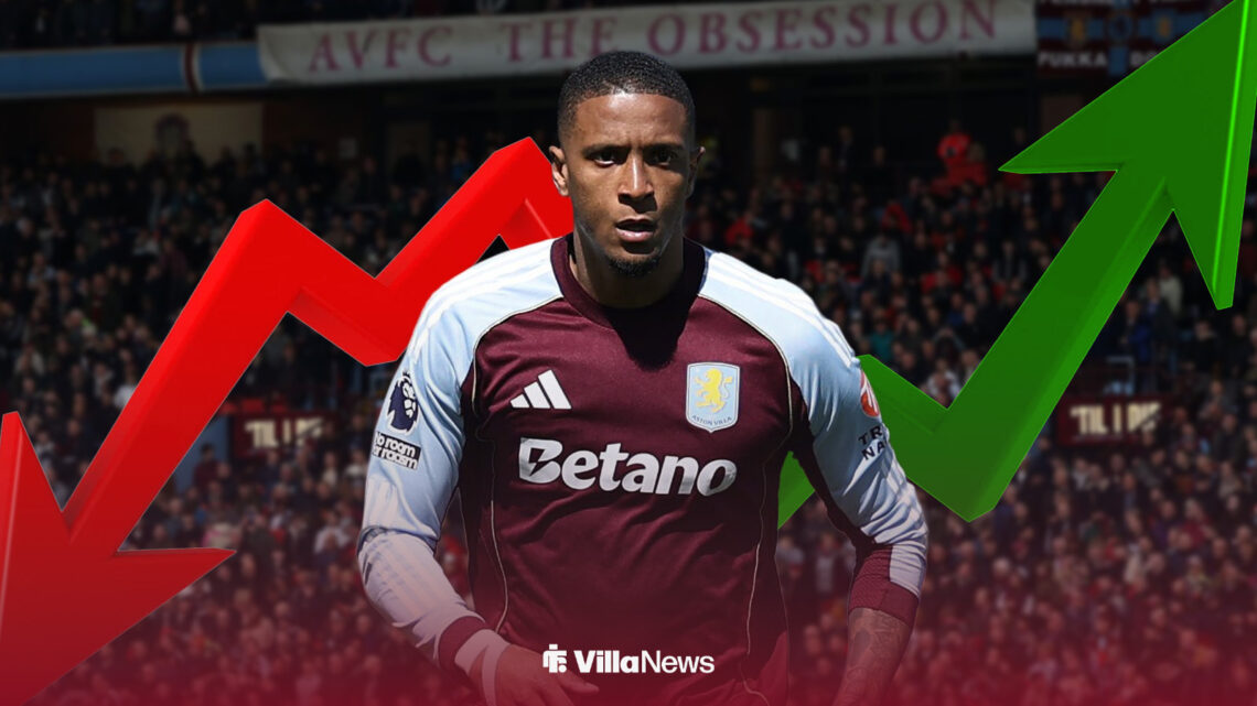 Aston Villa's Ezri Konsa in action with Villa Park background and trending up/down arrows behind