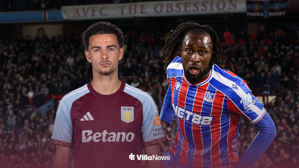 Curtis Jones in an Aston Villa shirt, and Evann Guessand in a Crystal Palace shirt.