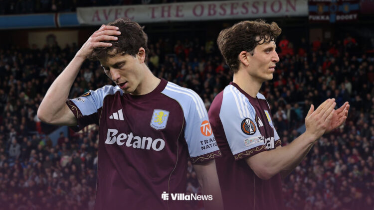Pau Torres looking devastated playing for Aston Villa alongside Pau Torres celebrating for Aston Villa