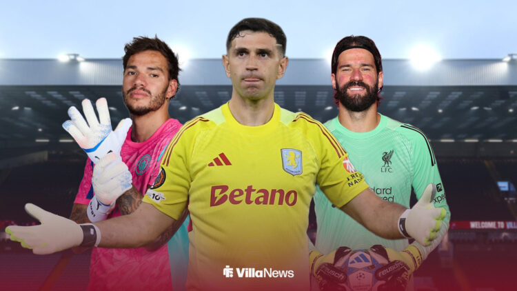 Emi Martinez with his arms out, as Ederson and Alisson Becker stand behind him