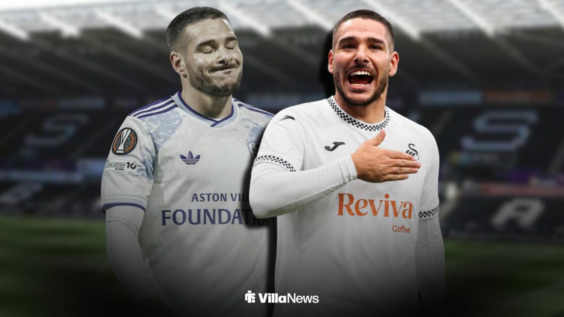 Emi Buendia in an Aston Villa shirt and Emi Buendia celebrating in a Swansea City shirt