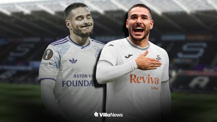 Emi Buendia in an Aston Villa shirt and Emi Buendia celebrating in a Swansea City shirt