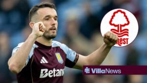 Aston Villa midfielder John McGinn (7) celebrates win with fans after the Premier League match between Aston Villa and West Ham United at Villa Park alongside a circle inset of the Nottingham Forest badge