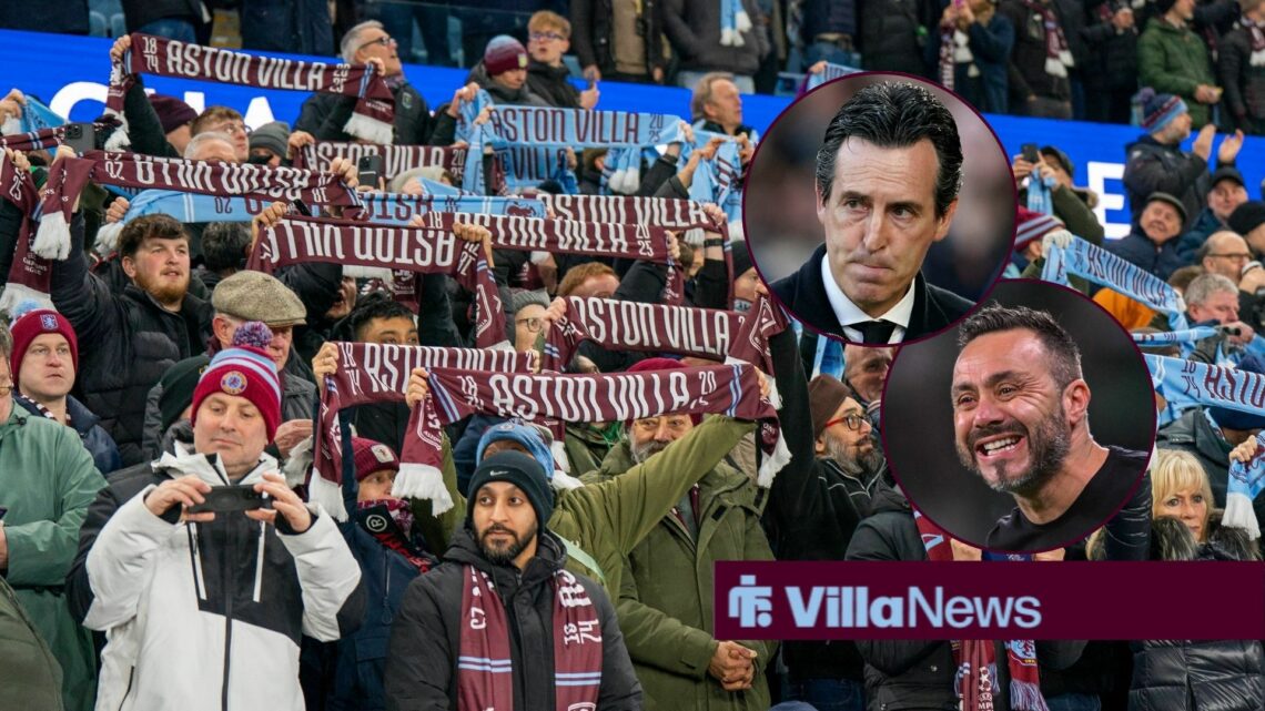 Aston Villa fans inside Villa Park with Unai Emery looking at them with a sad expression and a happy Tottenham manager, Roberto De Zerbi.