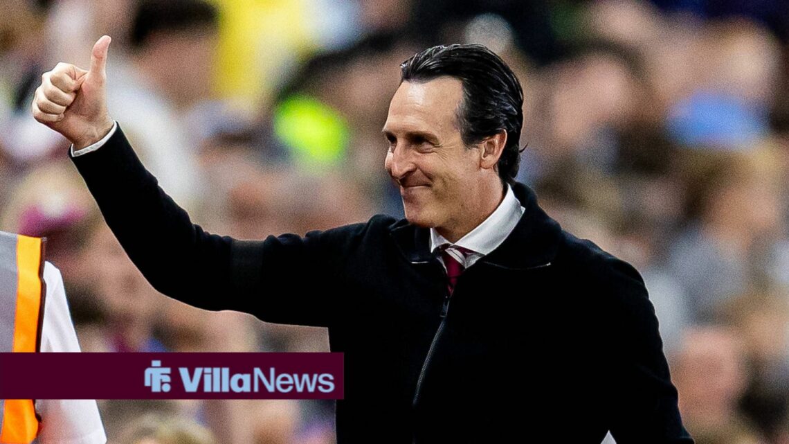 Unai Emery smiling and giving thumbs up to Aston Villa fans