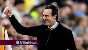 Unai Emery smiling and giving thumbs up to Aston Villa fans