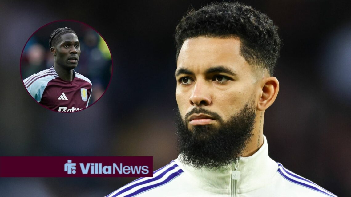 Douglas Luiz in action for Aston Villa with Amadou Onana in circular inset