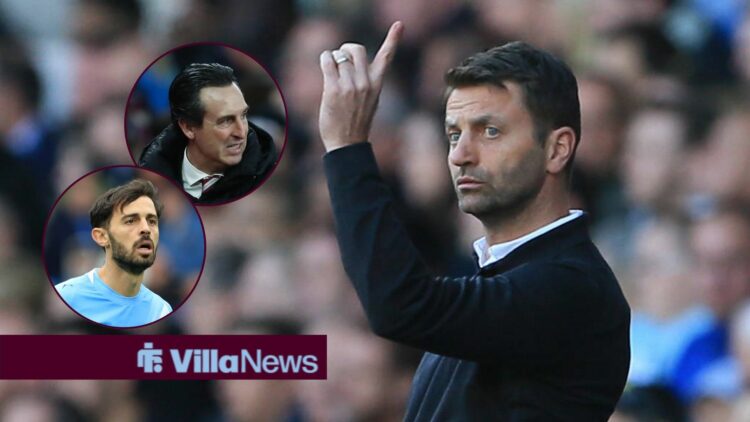 Tim Sherwood looking at Unai Emery and Bernardo Silva.