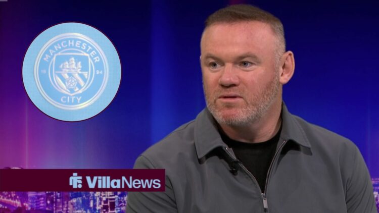 Wayne Rooney speaking on Match of the Day looking towards a circle inset of the Manchester City badge